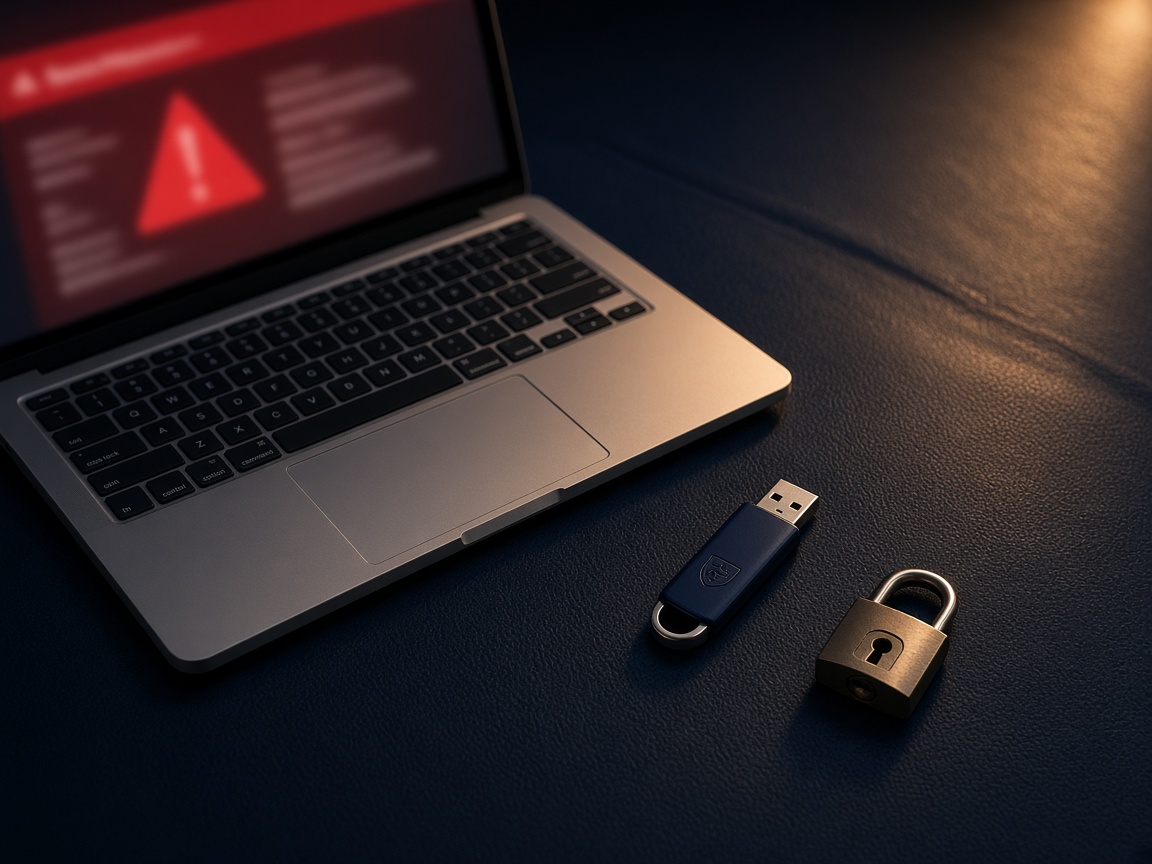 Laptop with security alert on a dark desk