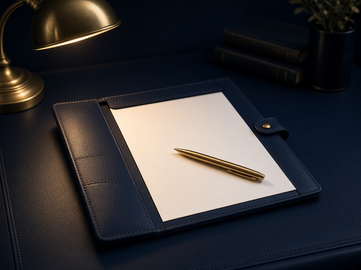 Open case folder with gold pen ready under a warm lamp