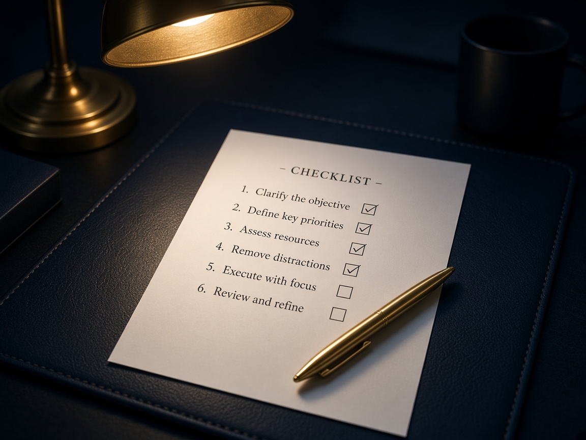 A clear checklist under a focused desk lamp