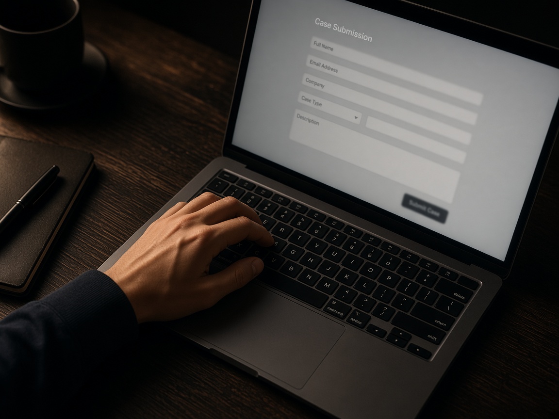 Hands submitting a case on a laptop in the dark
